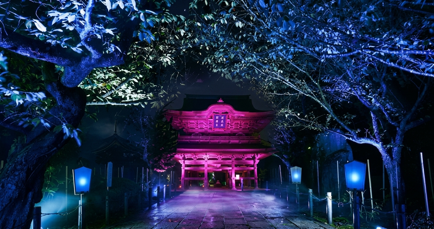 建長寺の夜間拝観。ライトアップされた三門と青い灯りの参道